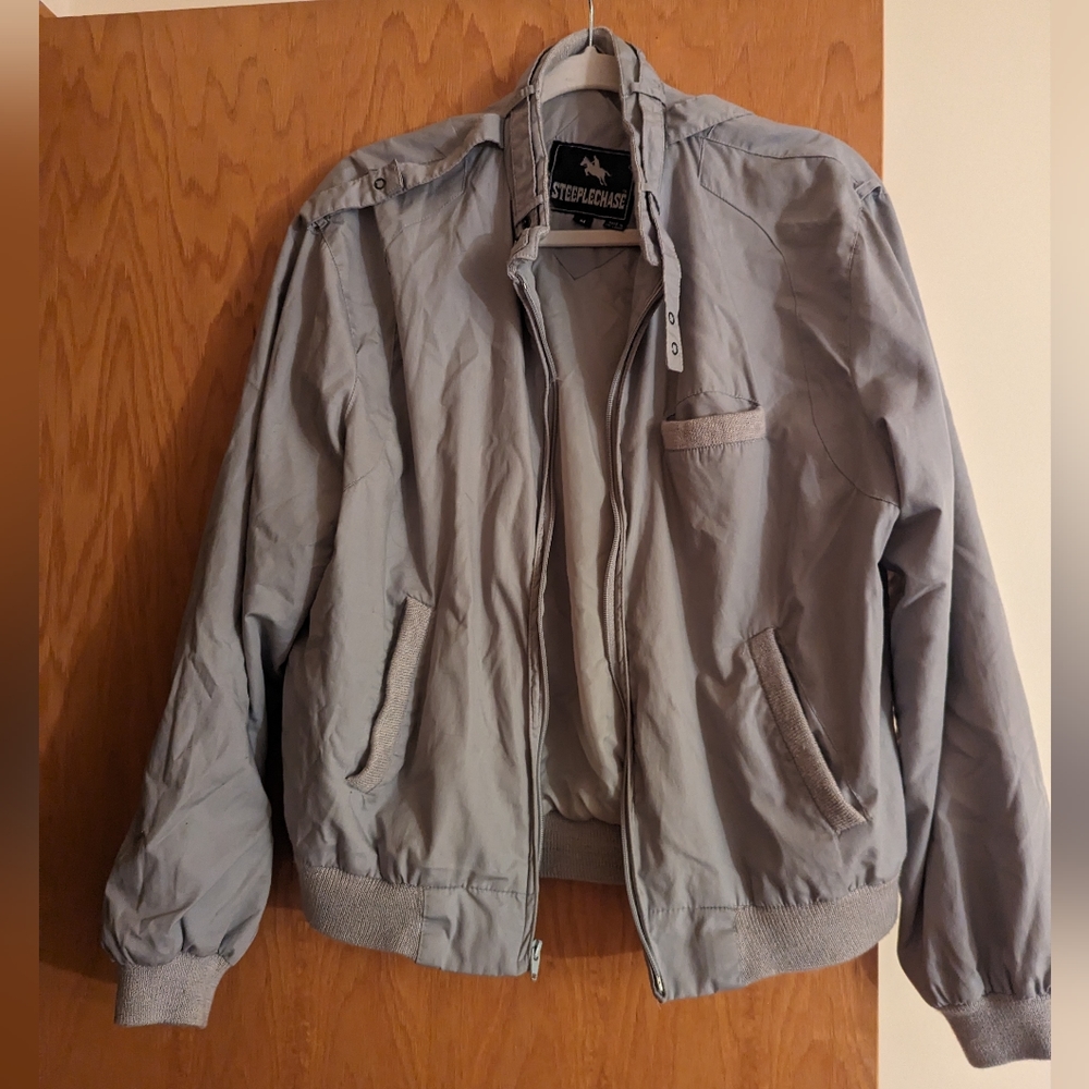 Vintage Gray Steeplechase Bomber Jacket with Zipper and Snaps